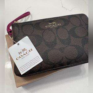 Coach double zip wallet/wristlet. Brown/fuchsia